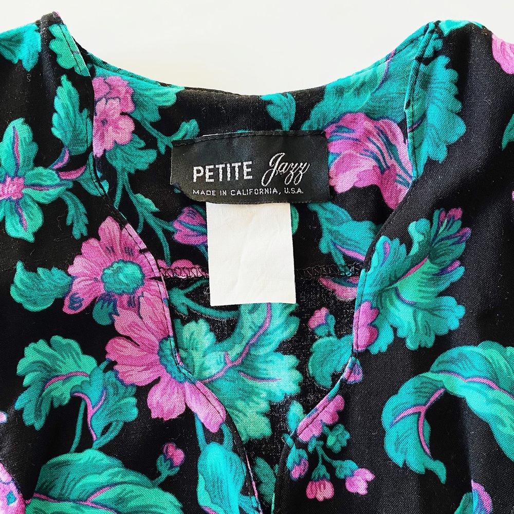 80s / 90s petite jazz bold floral mini dress - VTG black purple teal sheath - Picture 7 of 11